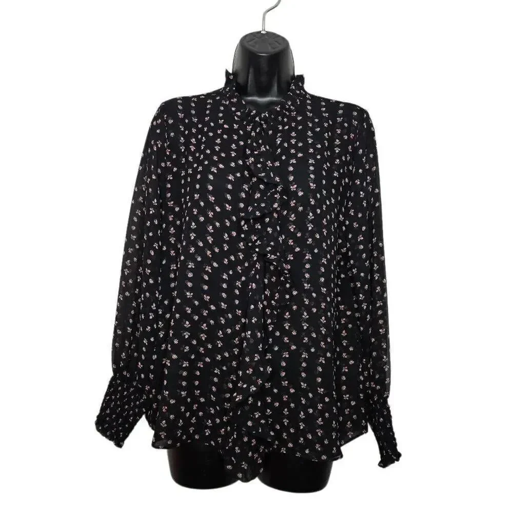 MISA Los Angeles Ruffle Button-Up Blouse Size Medium Black Floral Viscose